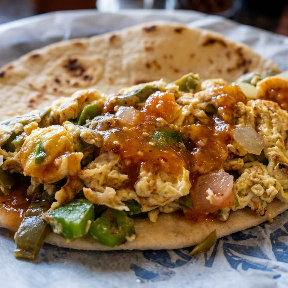 Scrambled eggs with peppers, onions, and salsa served on warm flatbread.