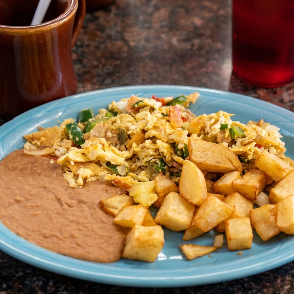 Blue plate of scrambled eggs with peppers, refried beans, and golden breakfast potatoes on a diner countertop.