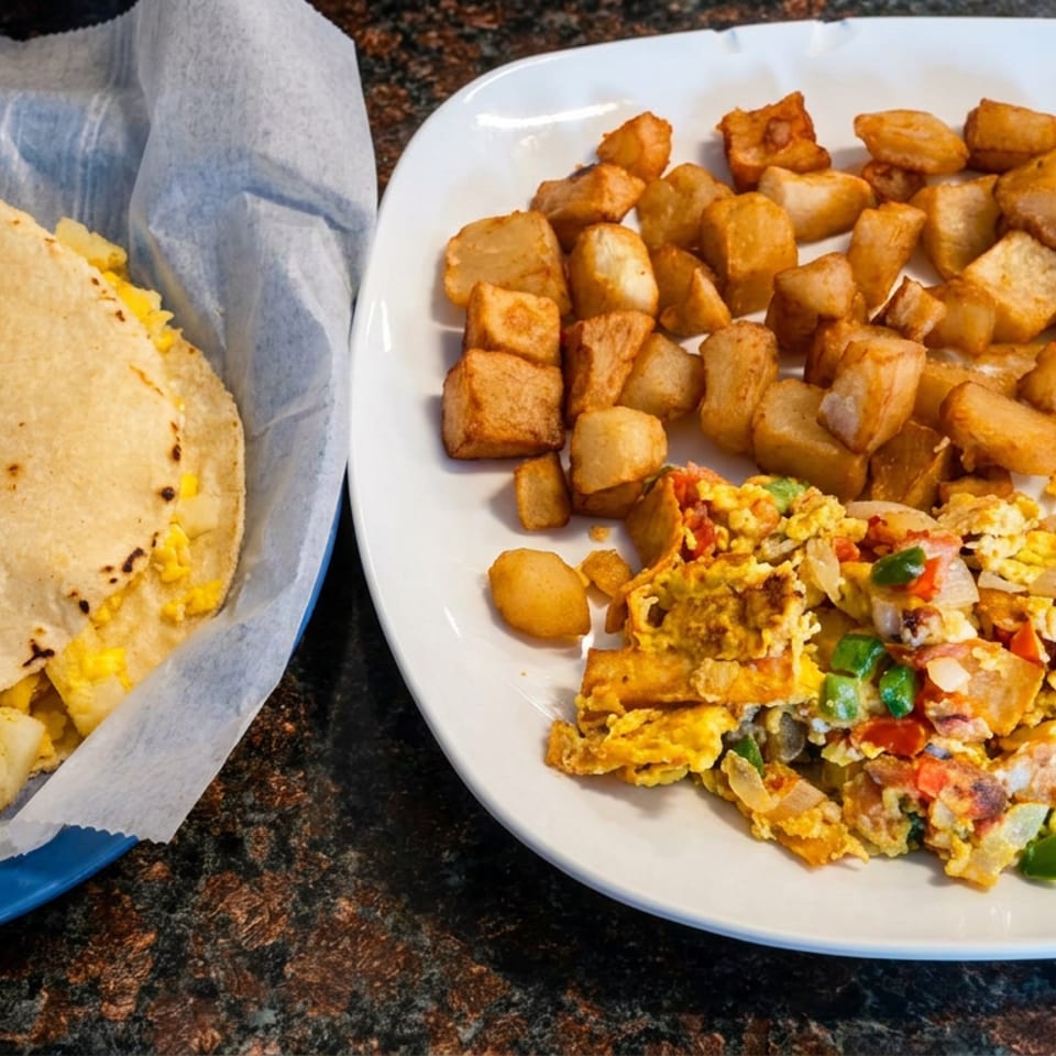Breakfast spread with two folded egg-filled tortillas, seasoned home fries, and scrambled eggs with peppers and vegetables.